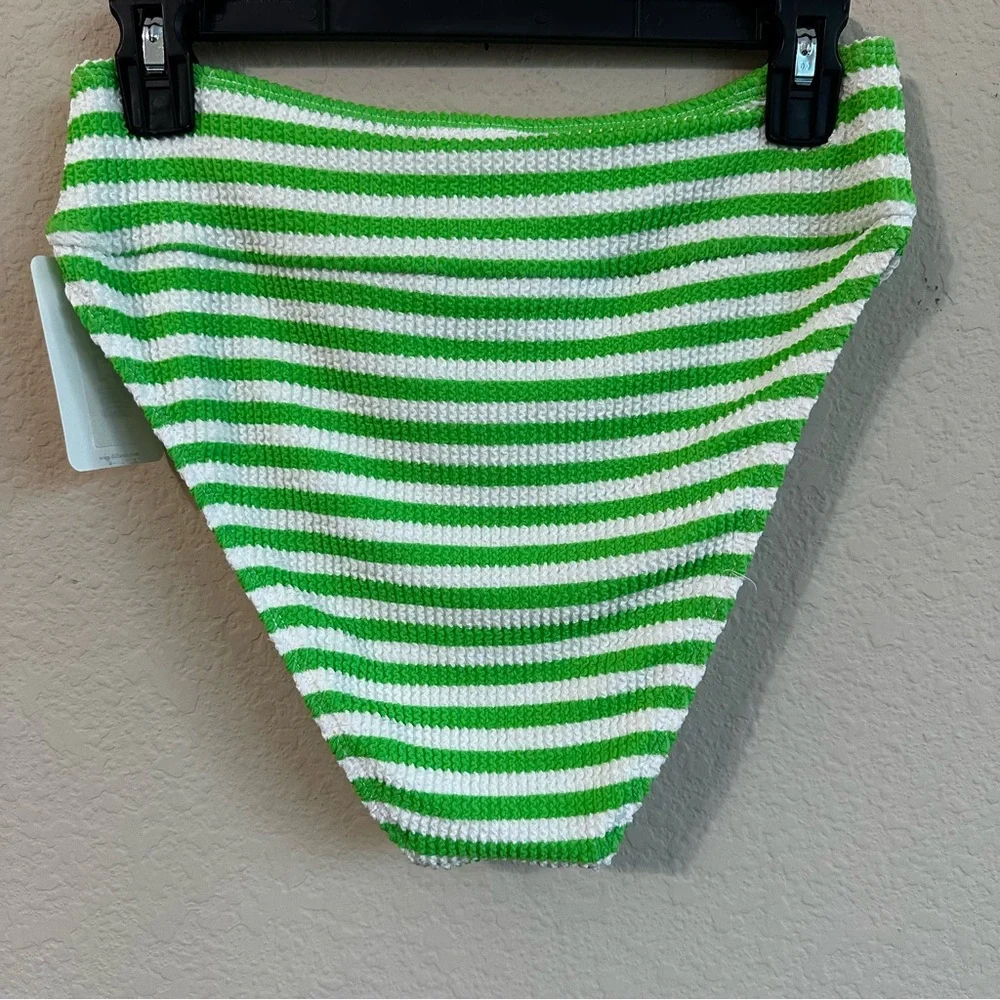 GB Bikini Bottom Green White Striped High Waisted Retro Scrunch Texture Swimsuit